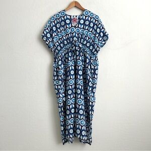 Lesley Evers Dress XS/S Midi Kaftan Lightweight Resort Geometric Print Blue